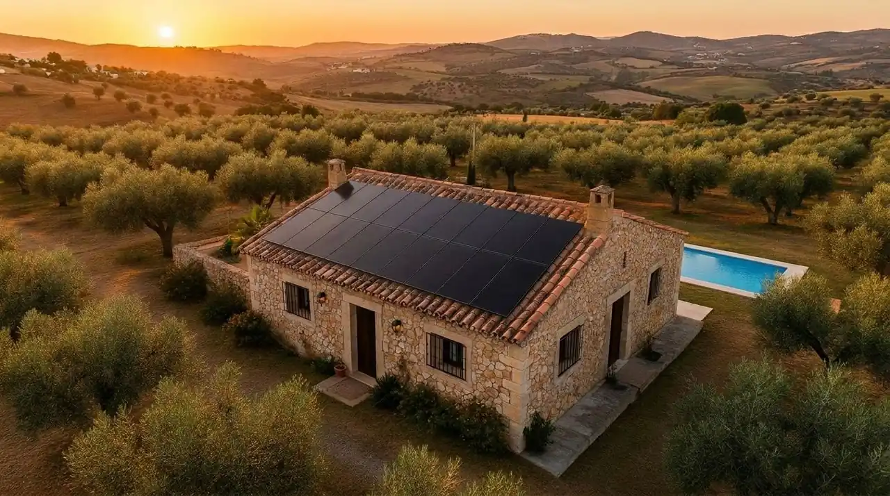 Solar panels on Andalusian finca with olive groves in Costa del Sol